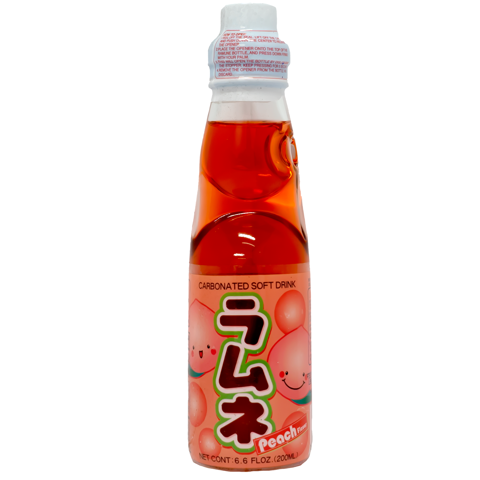 Front of a Ramune bottle peach flavor 