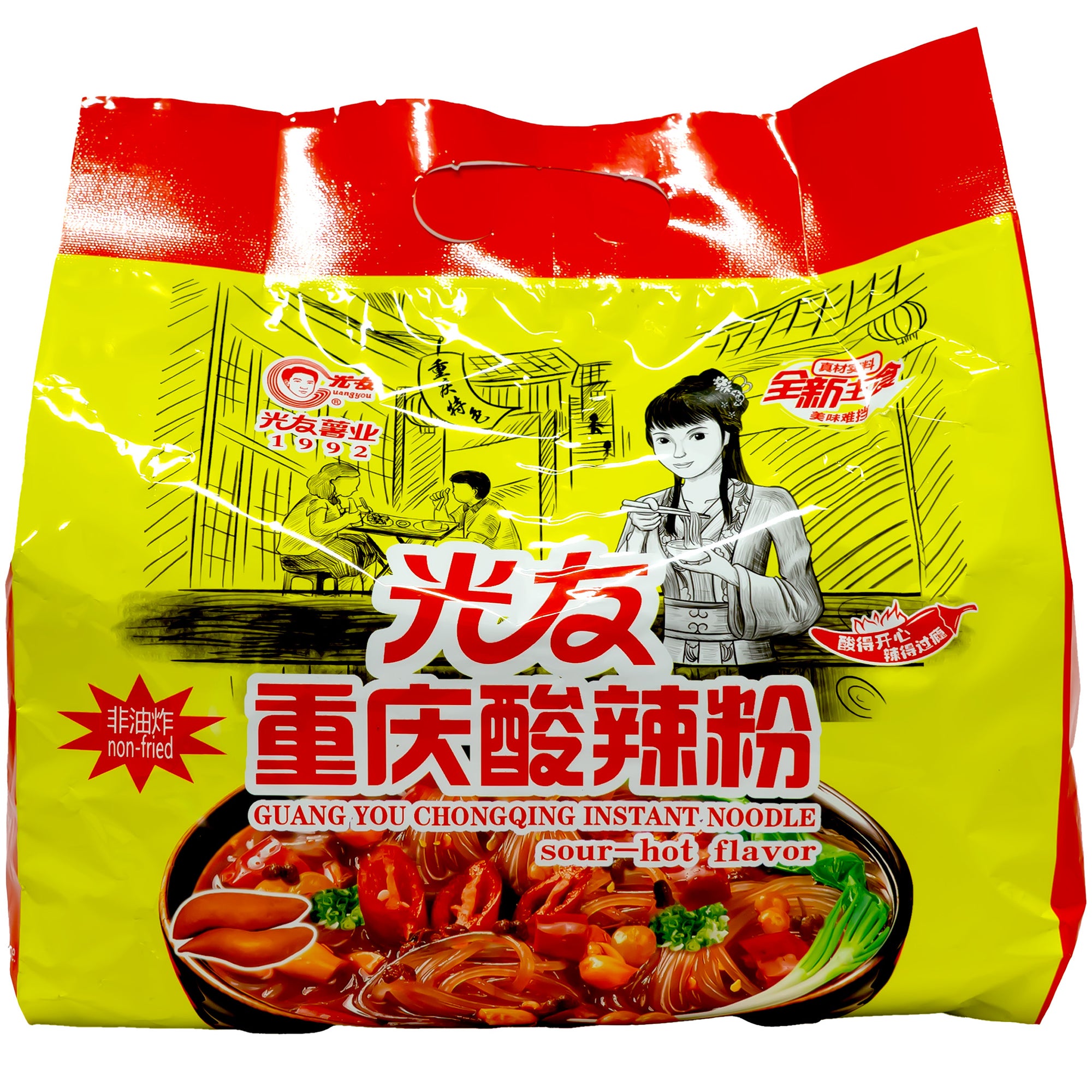 front view of Guangyou Chongqing Instant Noodle Hot Sour Flavor 90g - 4 Bags