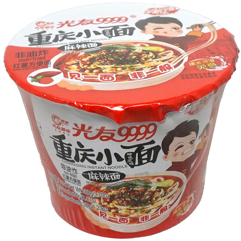 top and front view of Guangyou Chongqing Sweet Potato Instant Noodle Spicy Hot Flavor 105g