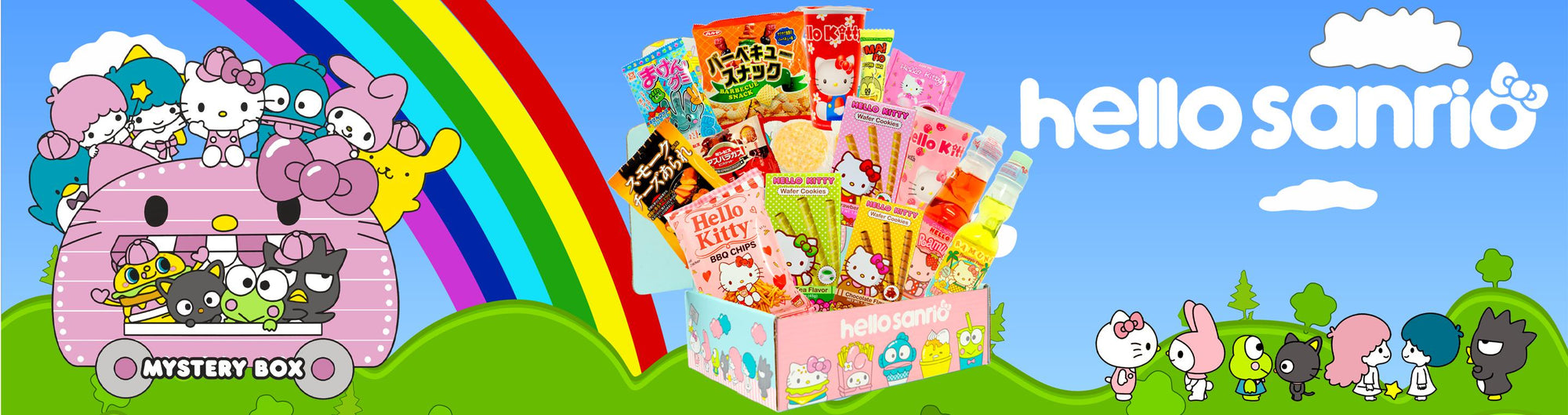 Banner of Hello Sanrio with all the hello sanrio characters and the hello sanrio snack box displaying the various hello kitty snacks and ramune 