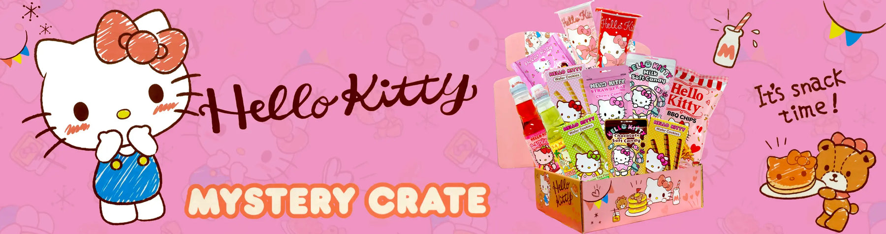 Hello kitty banner with Hello kitty snacks and the hello kitty character and the words hello kitty and mystery crate 