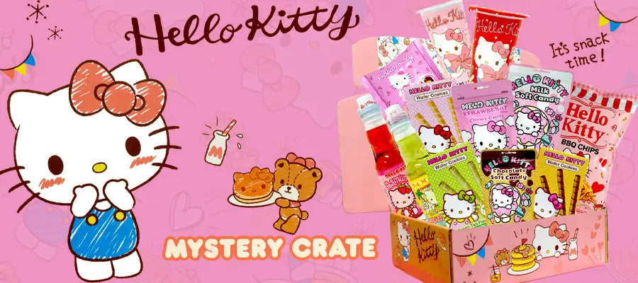 Hello kitty banner with Hello kitty snacks and the hello kitty character and the words mystery crate 