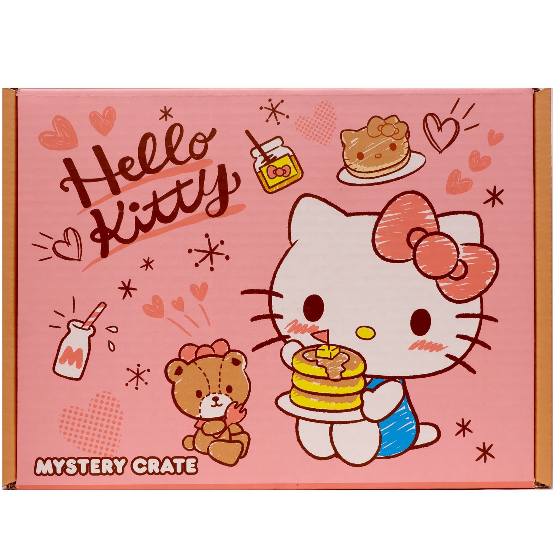 Hello Kitty Kids Mystery Snack Crate - Pink top of the mystery snack crate with Hello Kitty holding pancakes sitting next to a small teddy bear, with the words mystery crate at the bottom left of the crate.