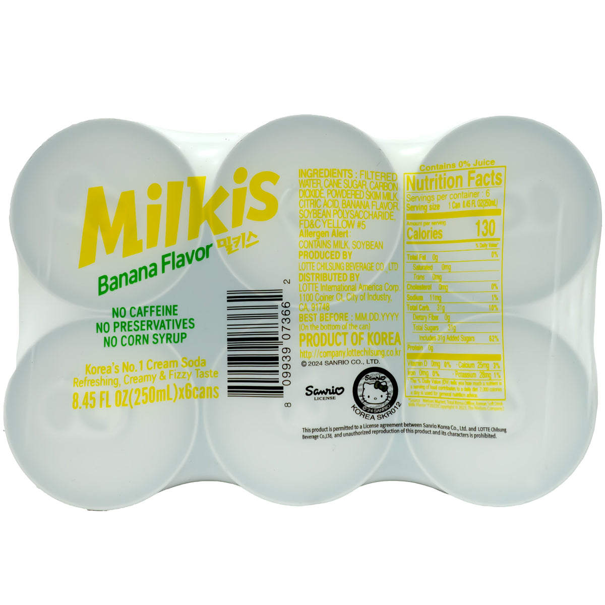 Lotte Milkis Carbonated Drink Banana Flavor 250ml - 6 Cans