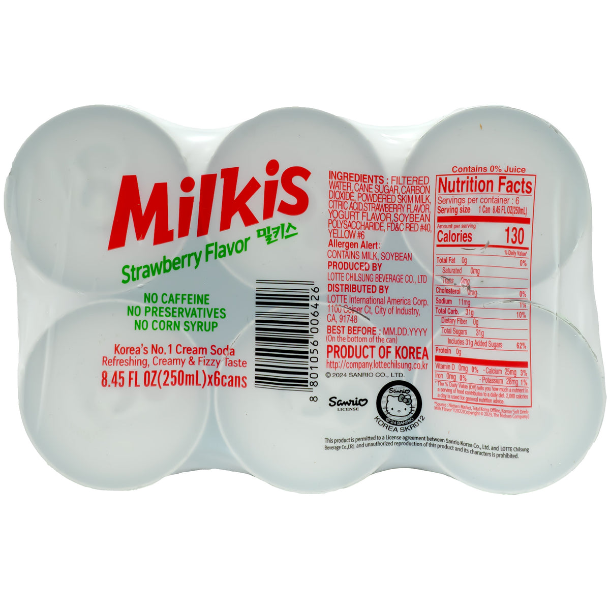 Lotte Milkis Carbonated Drink Strawberry Flavor 250ml - 6 Cans