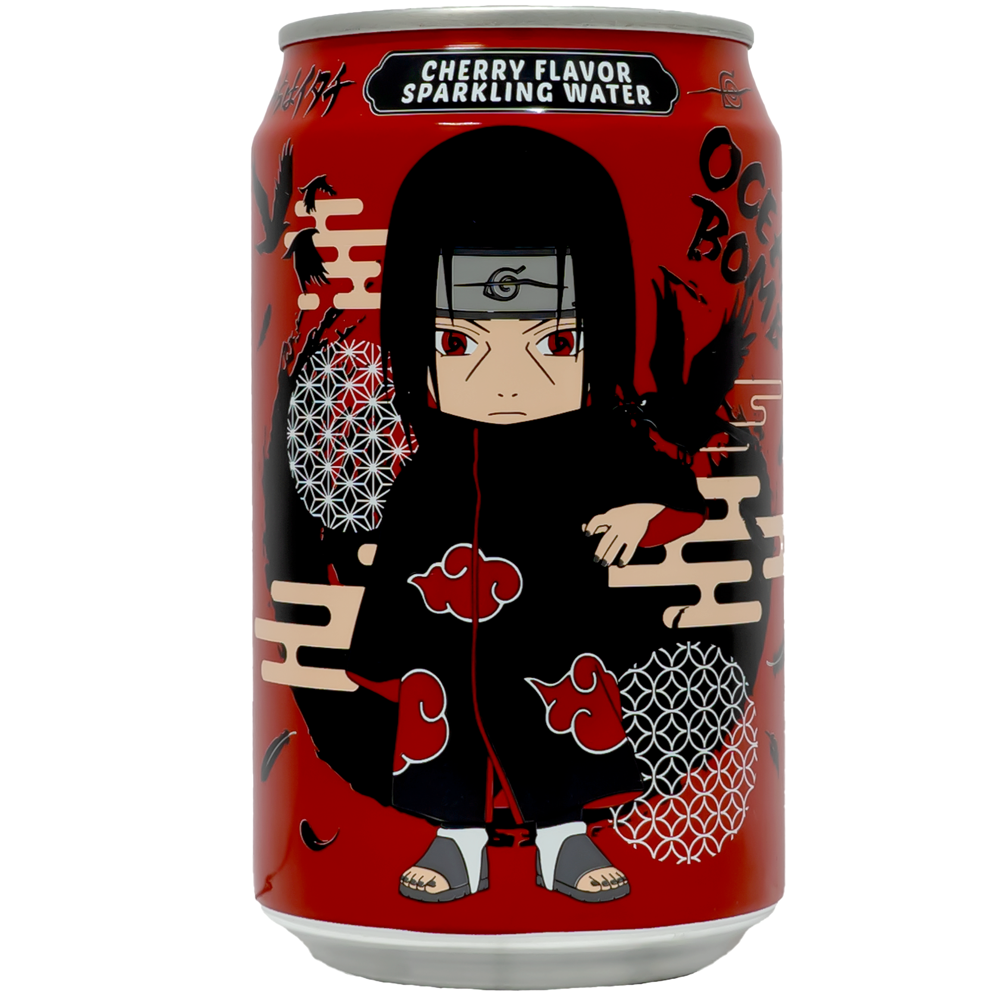 The can features a dynamic design with vibrant red hues, showcasing a character in a distinctive black and red cloak, complete with a headband. The intricate background patterns and flying crows add an air of mystery and excitement to the packaging, making it a visual delight.