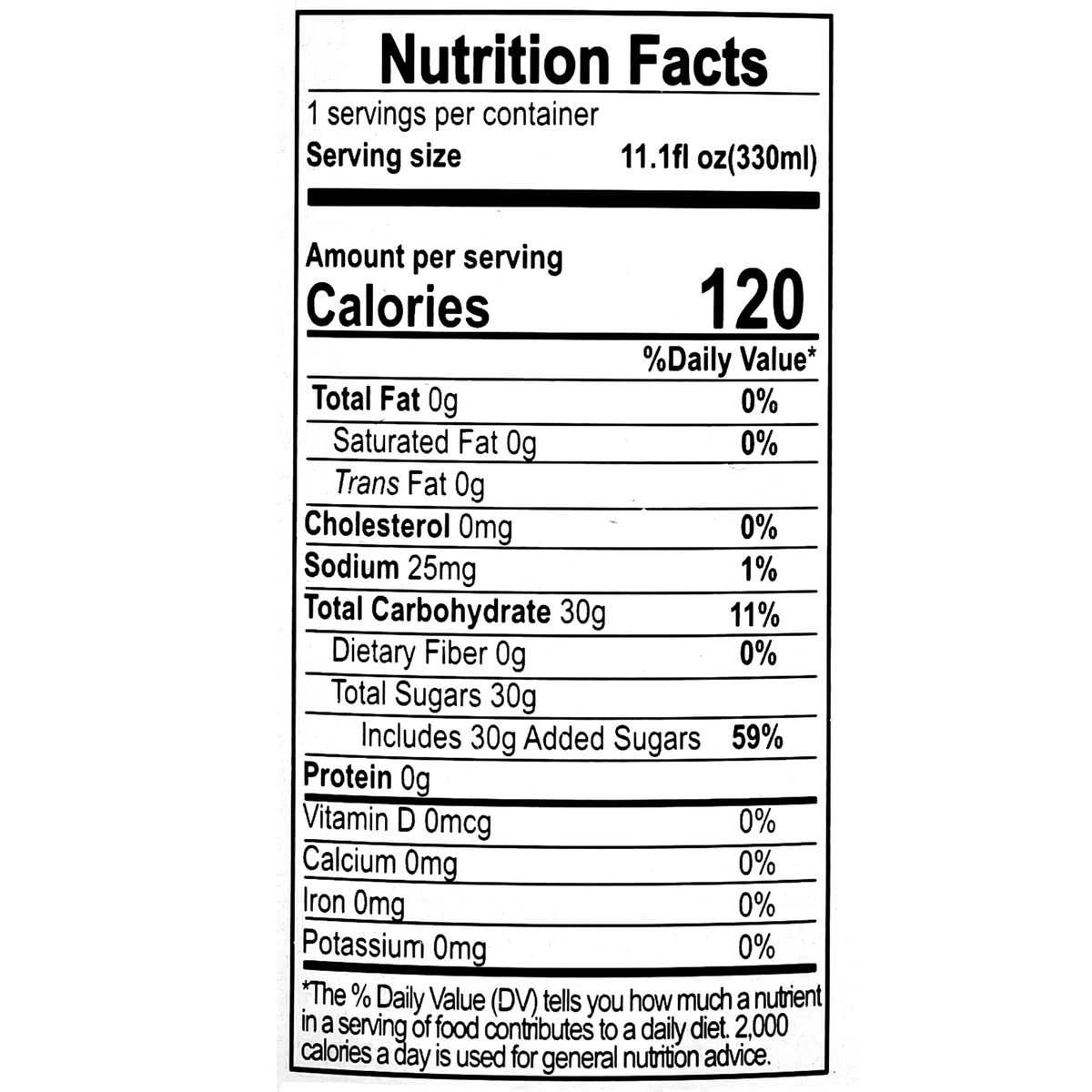 This 330ml soda contains 120 calories per serving, with 0g total fat, 0mg cholesterol, 25mg sodium, 30g total carbohydrates, 30g total sugars including 30g added sugars, and 0g protein.