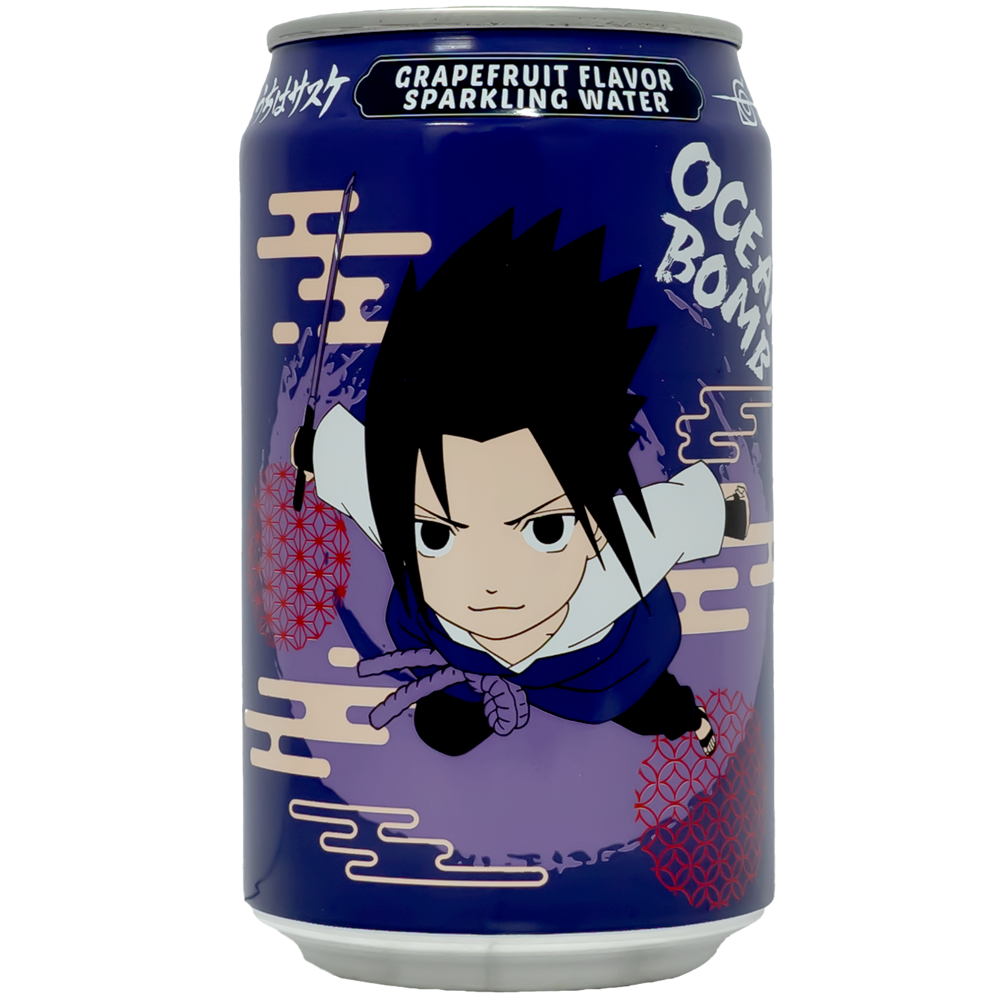 The can features a striking design with a bold purple background and an animated character from a popular series, adding a fun and vibrant touch. The character's dynamic pose and determined expression, coupled with intricate red and white patterns, make the can visually appealing and perfect for fans.