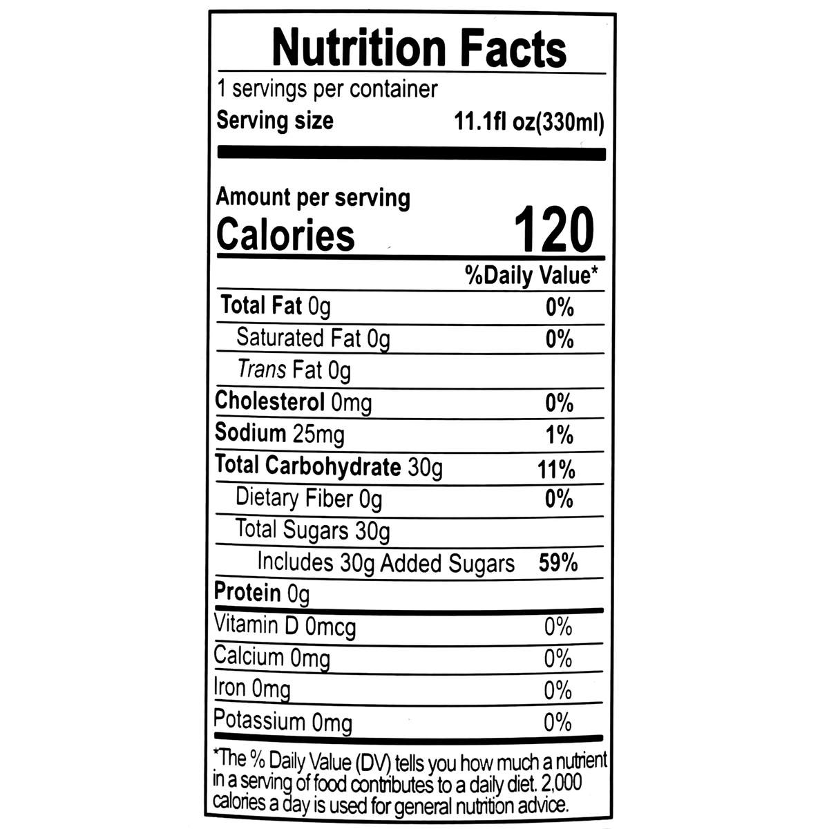This 330ml serving contains 120 calories, 0g of total fat, 0mg of cholesterol, 25mg of sodium, 30g of total carbohydrates, and 30g of total sugars, including 30g of added sugars. It also has 0g of protein, with no significant amounts of dietary fiber, calcium, iron, or potassium.