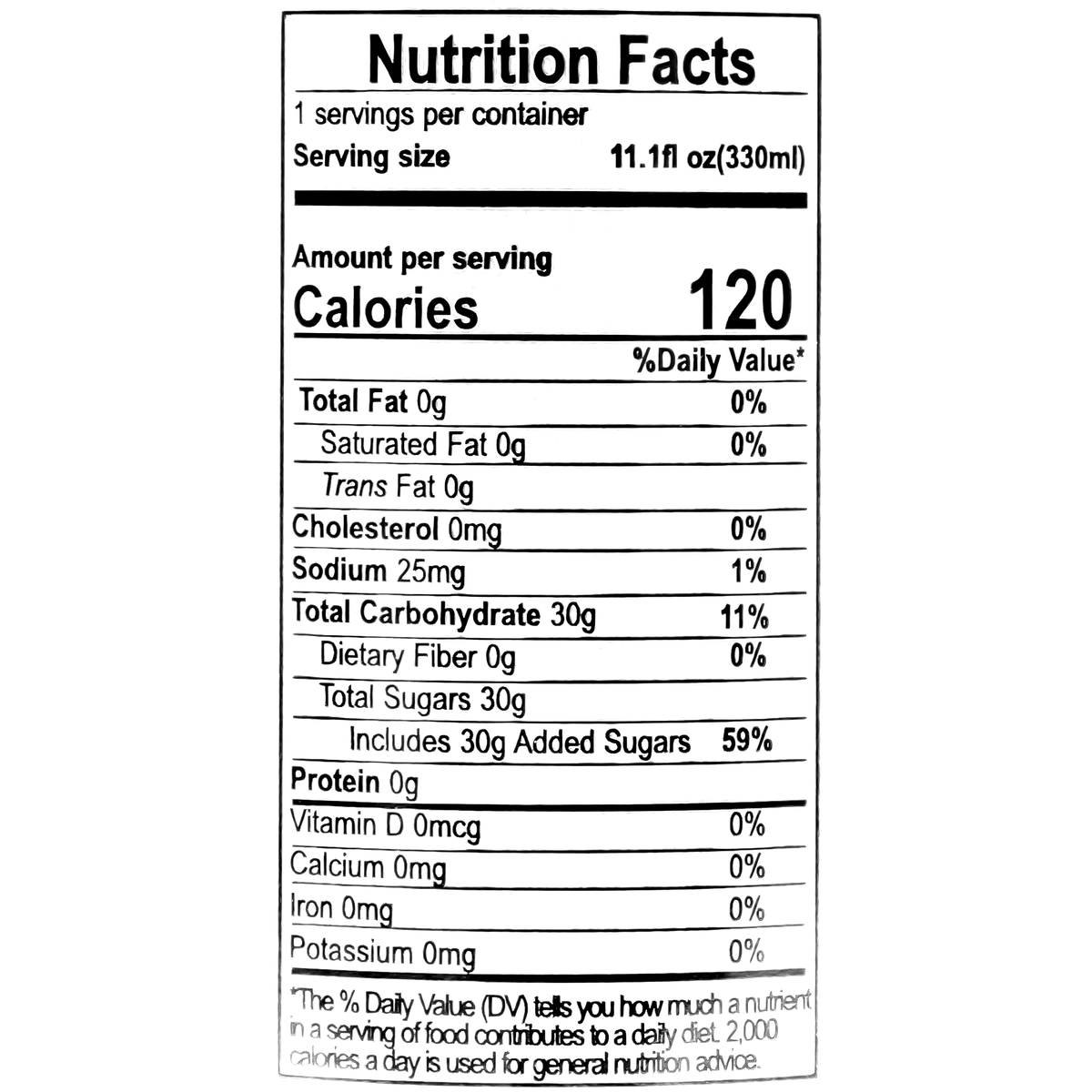 Each 11.1 fl oz (330ml) serving contains 120 calories, 0g total fat, 0mg cholesterol, 25mg sodium, 30g total carbohydrates, 30g total sugars, and 0g protein.