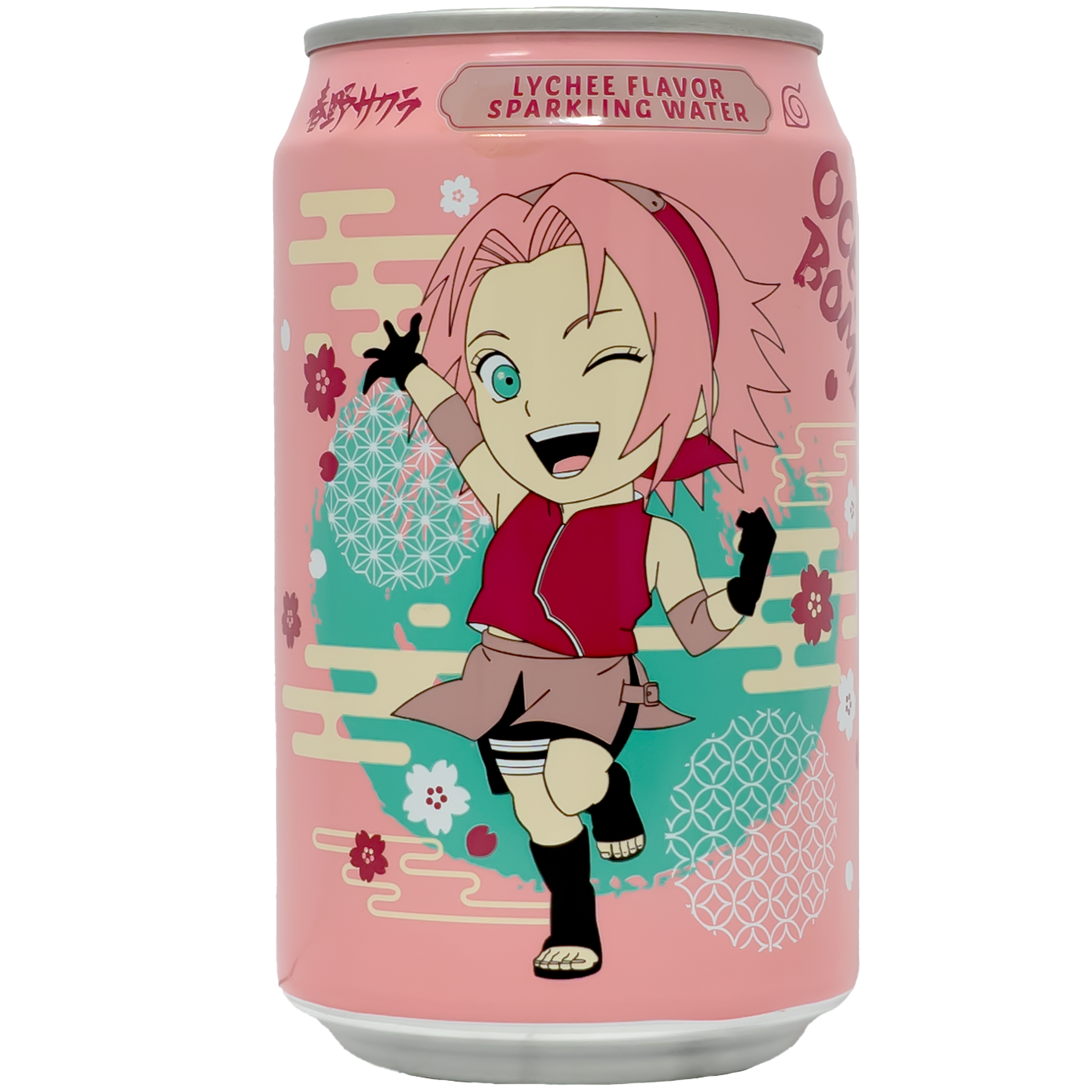 The packaging features a vibrant pink background adorned with cherry blossom designs and intricate patterns. The central character is depicted in an energetic pose, adding a lively and playful touch to the can's appearance. The combination of colors and graphics creates a visually appealing and dynamic look.