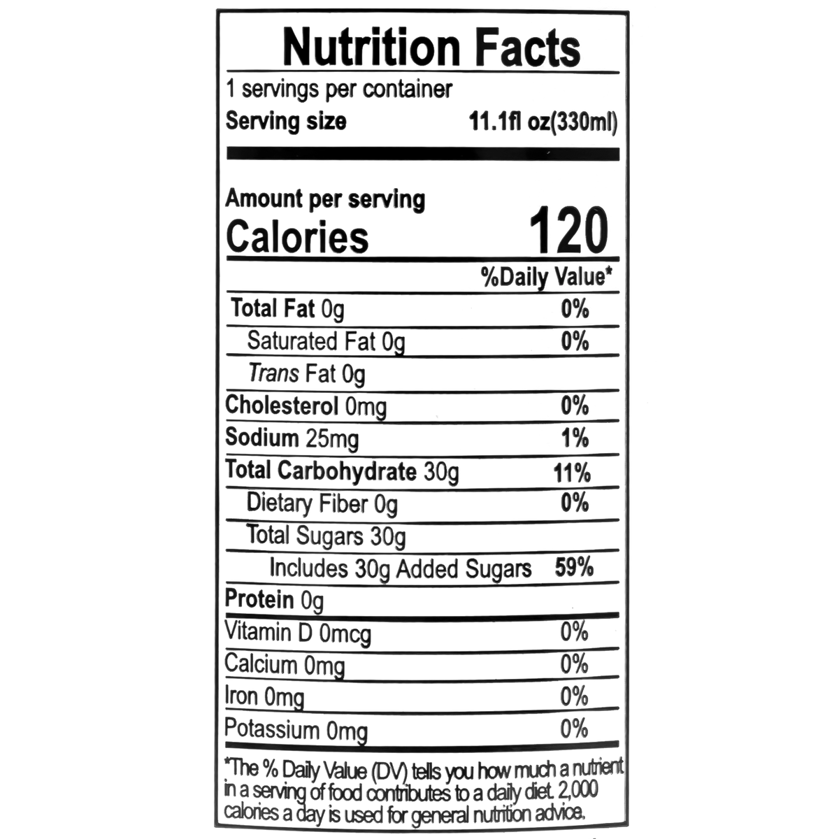 This sparkling water contains 120 calories per 330ml serving. It has no fat, cholesterol, or protein. The total carbohydrate content is 30g, all of which are sugars. The sodium content is 25mg.