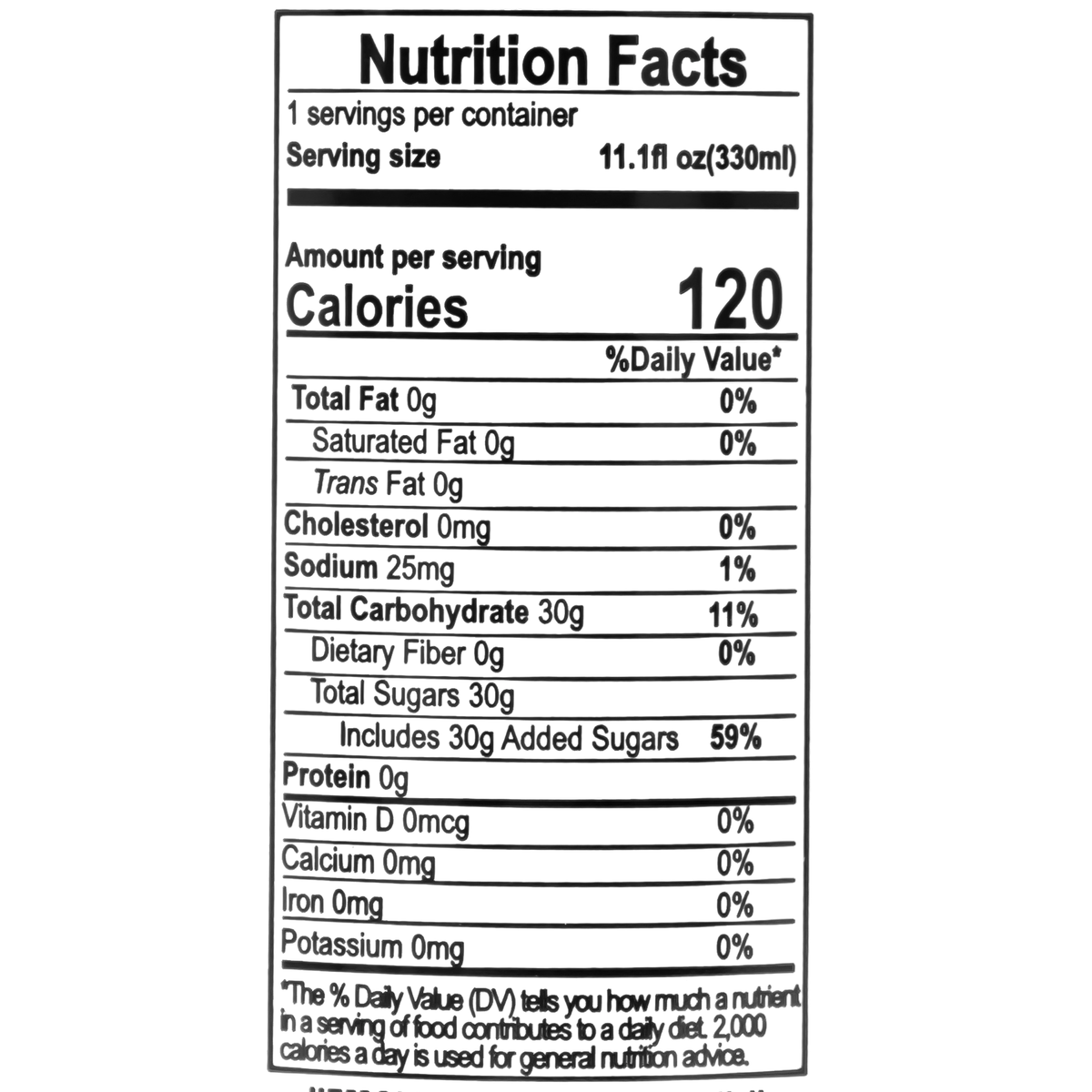 This 330ml serving contains 120 calories, 0g of total fat, 0mg of cholesterol, 25mg of sodium, 30g of total carbohydrates, including 30g of sugars, and 0g of protein.