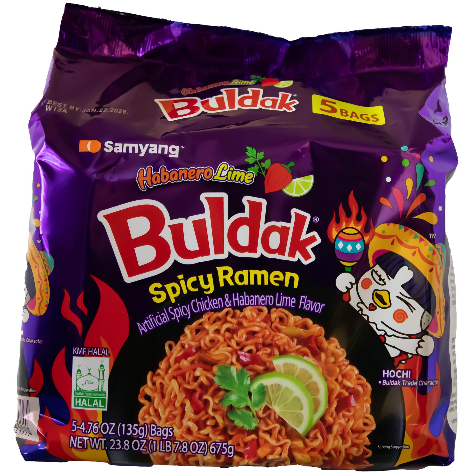 SAMYANG Hot Chicken Flavor Ramen Habanero Lime Flavor 135g * 5Bags front view of the package 