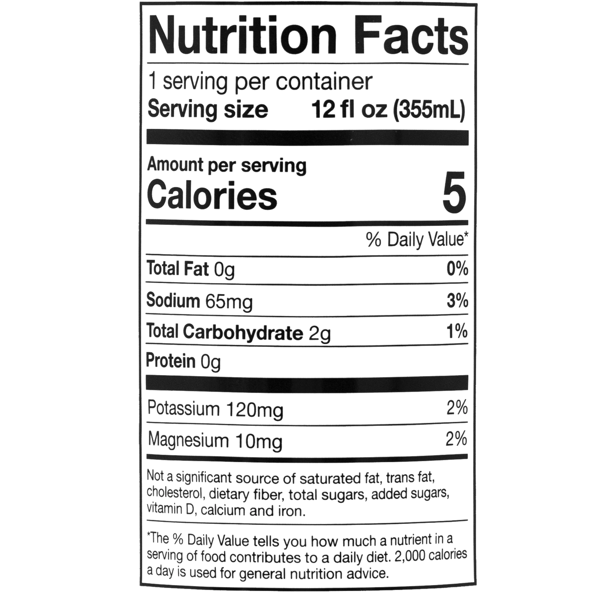This drink contains 5 calories per serving with 0g of total fat, 0mg of cholesterol, 65mg of sodium, 2g of total carbohydrates, and 0g of protein. It also includes 120mg of potassium and 10mg of magnesium per serving.