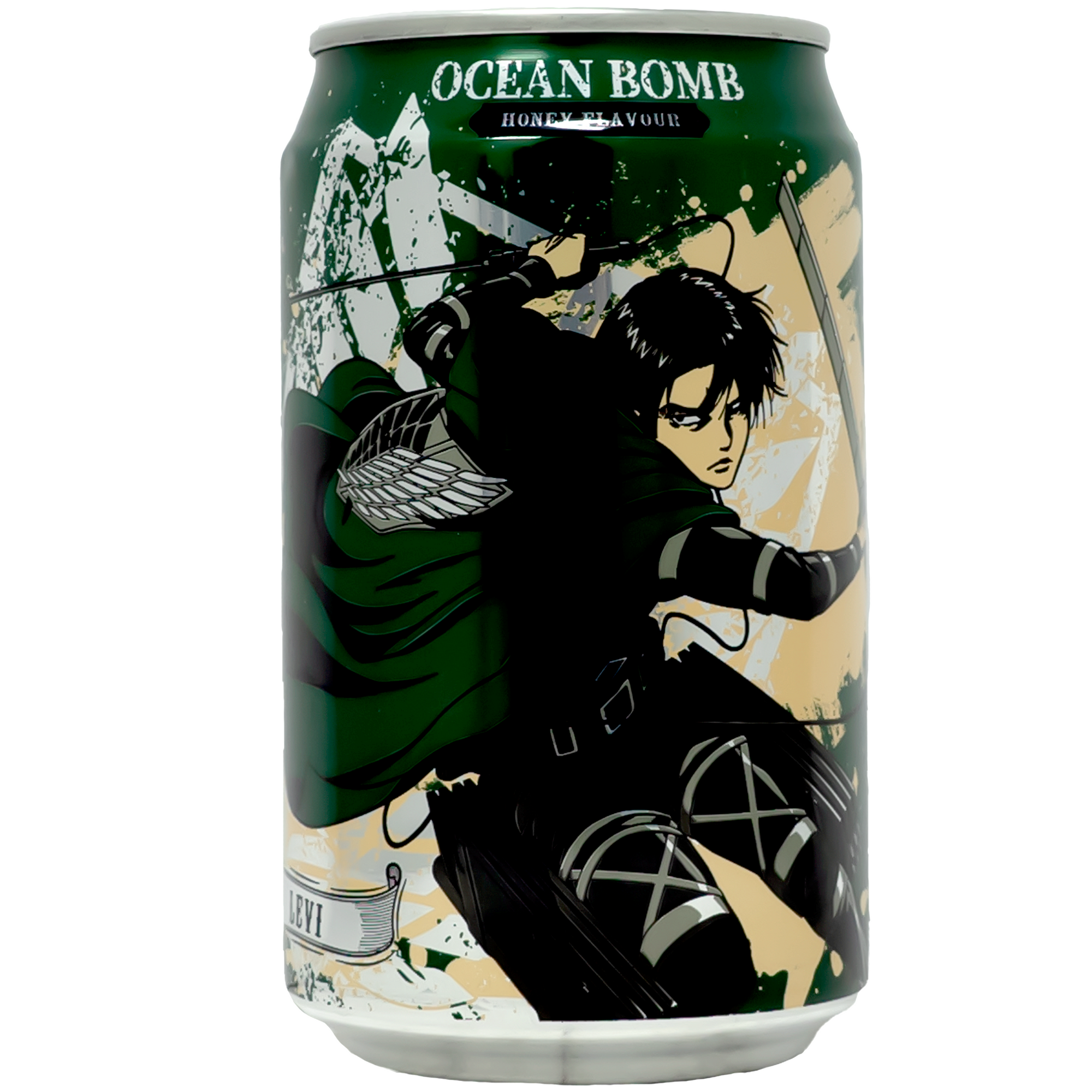 The can features a dynamic and bold design with a striking character in action, adding an adventurous and captivating visual appeal. The background is a mix of green and beige tones, with the character's intense expression and intricate details making it a collector's item for fans and enthusiasts alike.