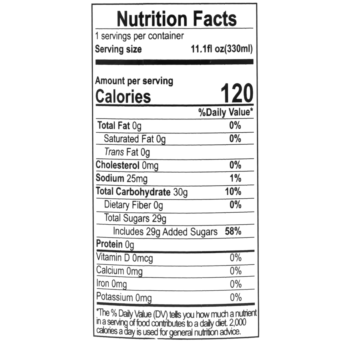 This 330ml can contains 120 calories per serving, with 0g of total fat, 0g of cholesterol, 25mg of sodium, and 30g of total carbohydrates, including 29g of sugars. It also has 0g of protein.