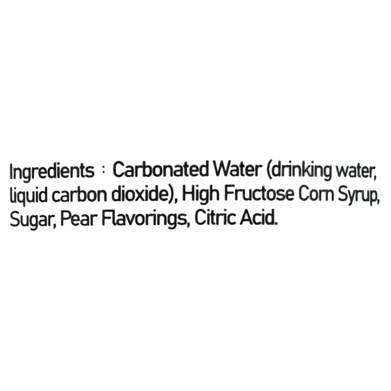 Carbonated water (drinking water, liquid carbon dioxide), high fructose corn syrup, sugar, pear flavorings, and citric acid.