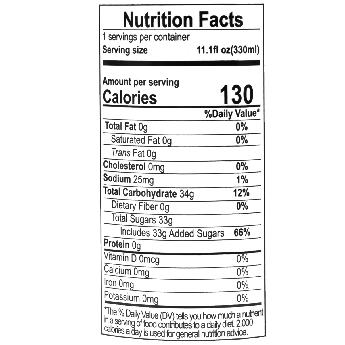 This refreshing drink contains 130 calories per 330ml serving, with 0g total fat, 0mg cholesterol, 25mg sodium, 34g total carbohydrates including 33g added sugars, and 0g protein.