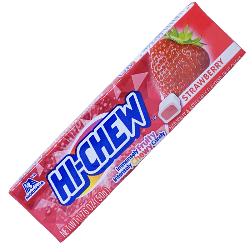 Front view of product. The package features a vibrant red design with images of luscious strawberries and a playful geometric pattern, making it as appealing to the eyes as it is to the taste buds. Perfect for on-the-go snacking or sharing with friends, these candies are a must-try for strawberry lovers.