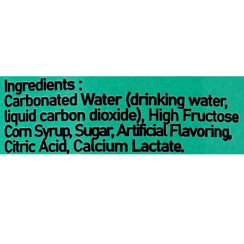 Ingredients consist of carbonated water, high fructose corn syrup, sugar, artificial flavoring, citric acid, calcium lactate