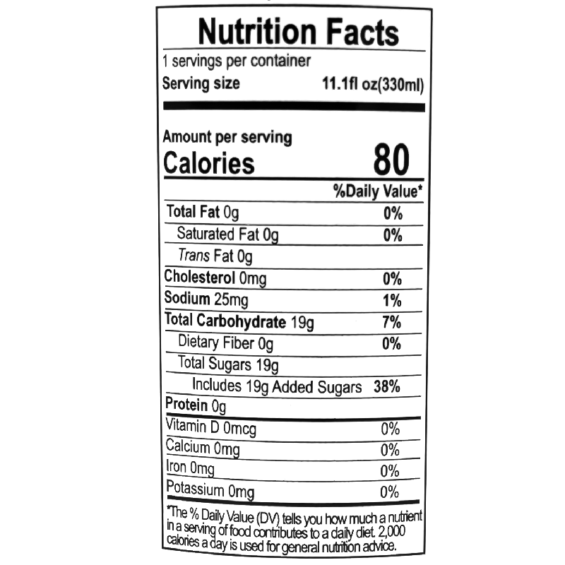 Each 330ml serving contains 80 calories, 0g of total fat, 0mg of cholesterol, 25mg of sodium, 19g of total carbohydrates, including 19g of sugars, and 0g of protein.