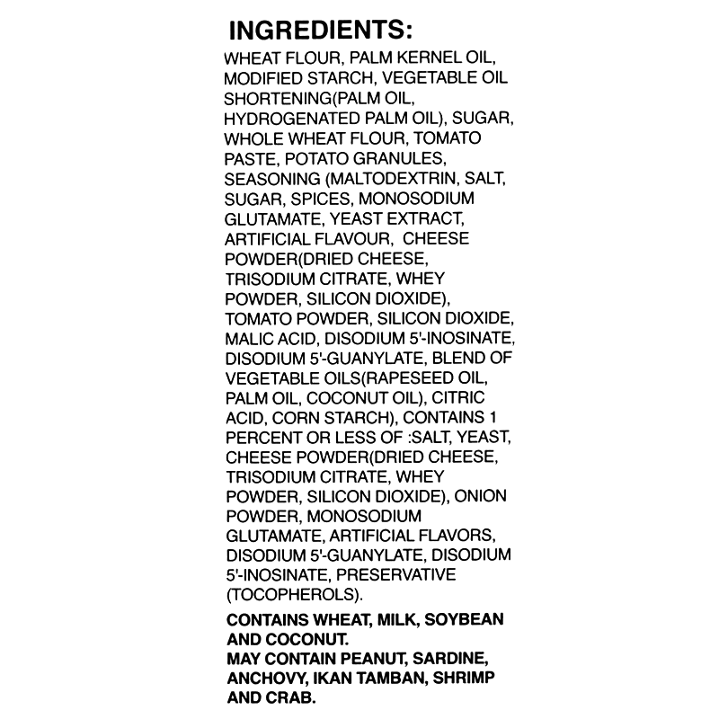 Ingredients contains wheat, milk, soybean and coconuts. May contains peanuts, sardines, anchovy, ikan tamban, shrimp and crab.