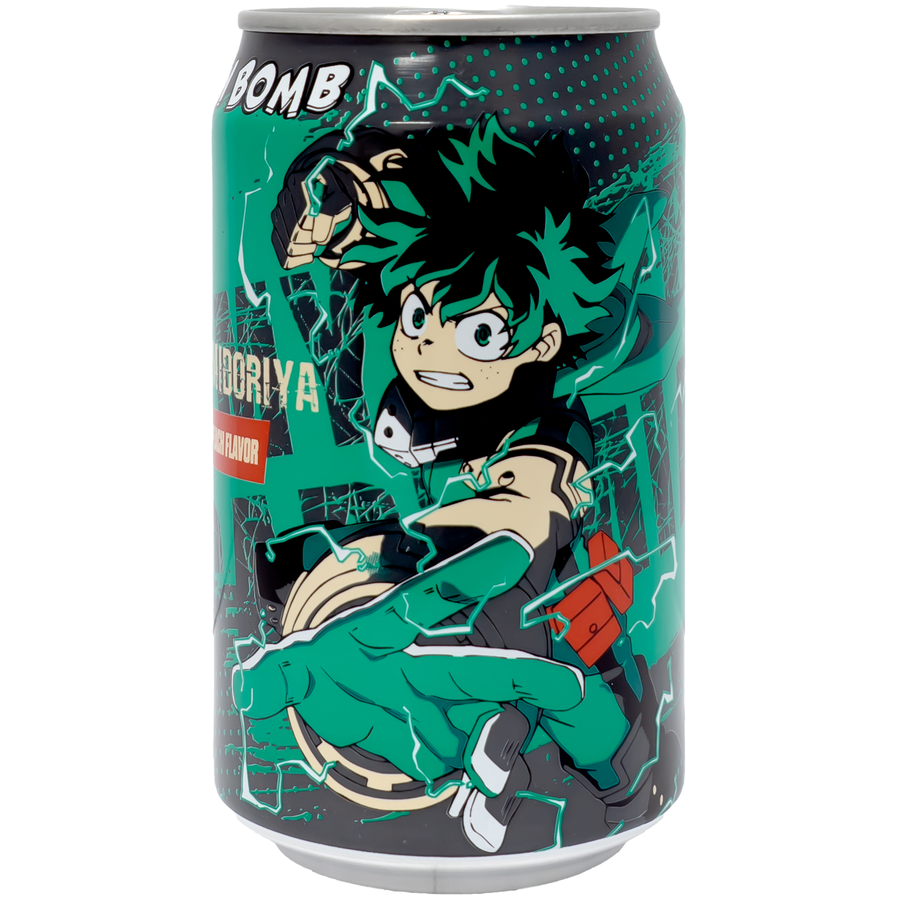 The can features a dynamic design showcasing a vibrant green background with electrifying patterns. The bold and energetic illustration of a character in action adds a touch of excitement and adventure, making the can visually appealing and engaging for fans and new customers alike.
