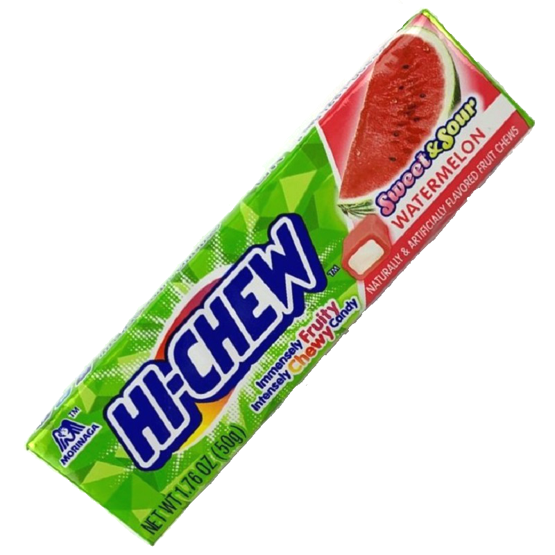 Top of product. The package features a vibrant green design with images of ripe watermelon slices and a dynamic geometric pattern, making it visually appealing and fun. Perfect for on-the-go snacking or sharing with friends, this candy promises an intensely fruity and chewy experience.