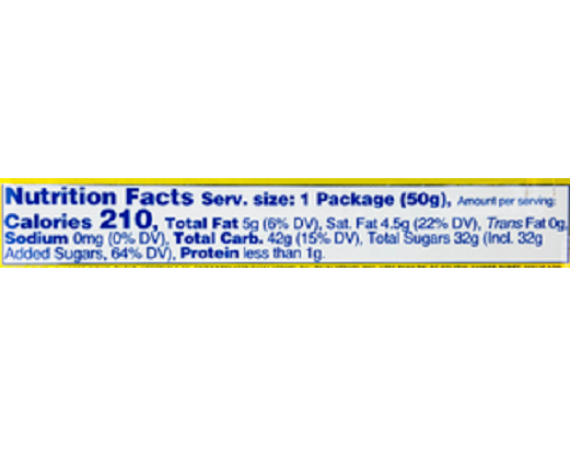 210 calories, 5g total fat, 4.5g saturated fat, 0g trans fat, 0mg sodium, 42g total carbohydrates, 32g total sugars including 32g added sugars, and less than 1g protein per serving (1 package, 50g).
