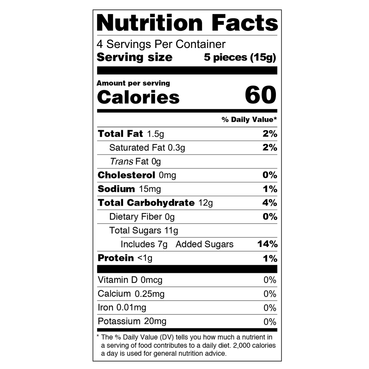 Each serving size of 5 pieces (15g) contains 60 calories. It has 1.5g of total fat, including 0.3g of saturated fat. There is no trans fat or cholesterol. Sodium content is 15mg. The total carbohydrate is 12g, which includes 11g of total sugars with 7g of added sugars. Protein content is less than 1g. Additionally, each serving provides 0.25mg of calcium, 0.01mg of iron, and 20mg of potassium.