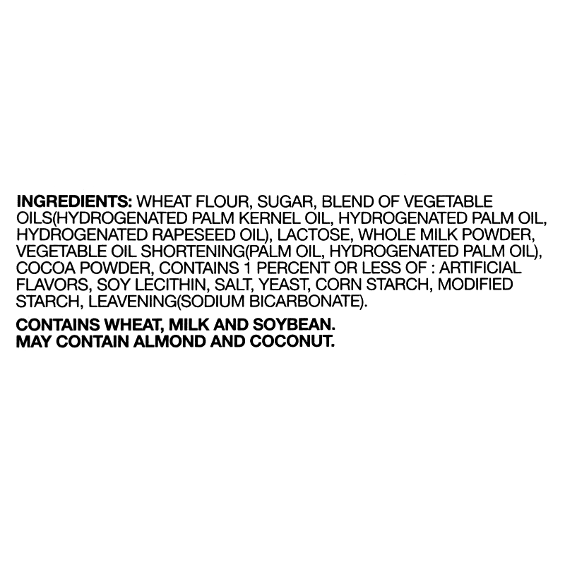 Ingredients contain wheat, milk, and soybeans. May contains almonds and coconuts