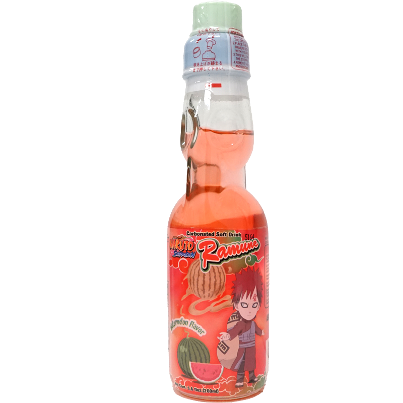 Glass Bottle of carbonated Ramune drink with watermelon flavor and anime-style artwork.