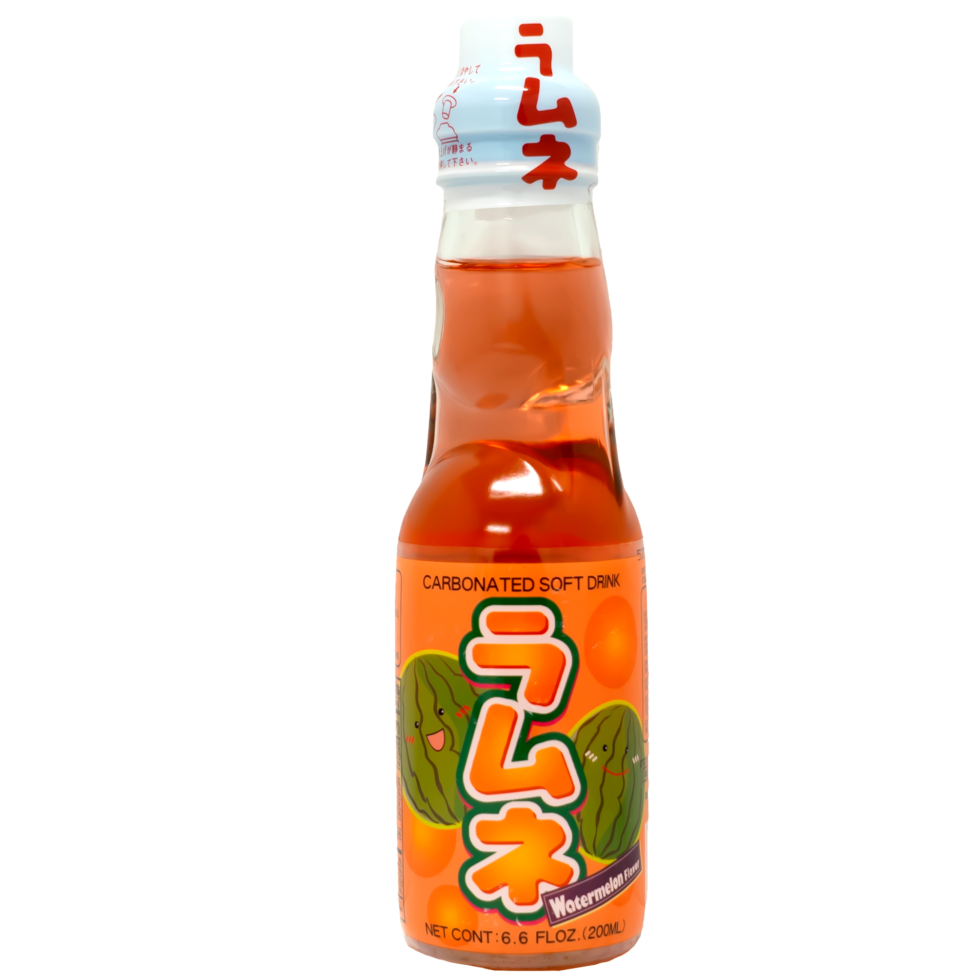 Front view of bottle. The bottle features playful illustrations of watermelon slices, bringing a vibrant and summery feel. The green and red hues of the label instantly evoke the refreshing flavor inside, making it a visually appealing choice.