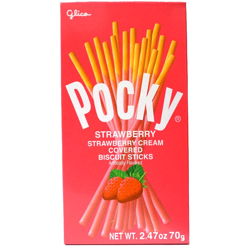 Front view of package. The packaging showcases an appealing display of the strawberry-coated biscuit sticks, highlighting their slender and elegant design. The background enhances the product&#39;s appeal with a modern and inviting aesthetic, making it perfect for enjoying as a treat or sharing with others.
