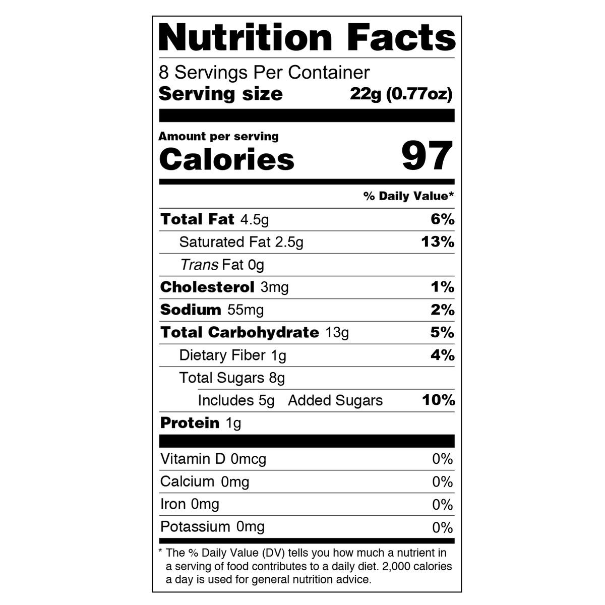 Each serving of these Swiss Rolls is 22 grams, providing 97 calories. The total fat content is 4.5 grams, including 2.5 grams of saturated fat and zero trans fat. There are 3 milligrams of cholesterol and 55 milligrams of sodium per serving. Total carbohydrates amount to 13 grams, with 1 gram of dietary fiber and 8 grams of total sugars, including 5 grams of added sugars. Each serving also contains 1 gram of protein, while vitamins D, calcium, iron, and potassium are all at 0 milligrams.