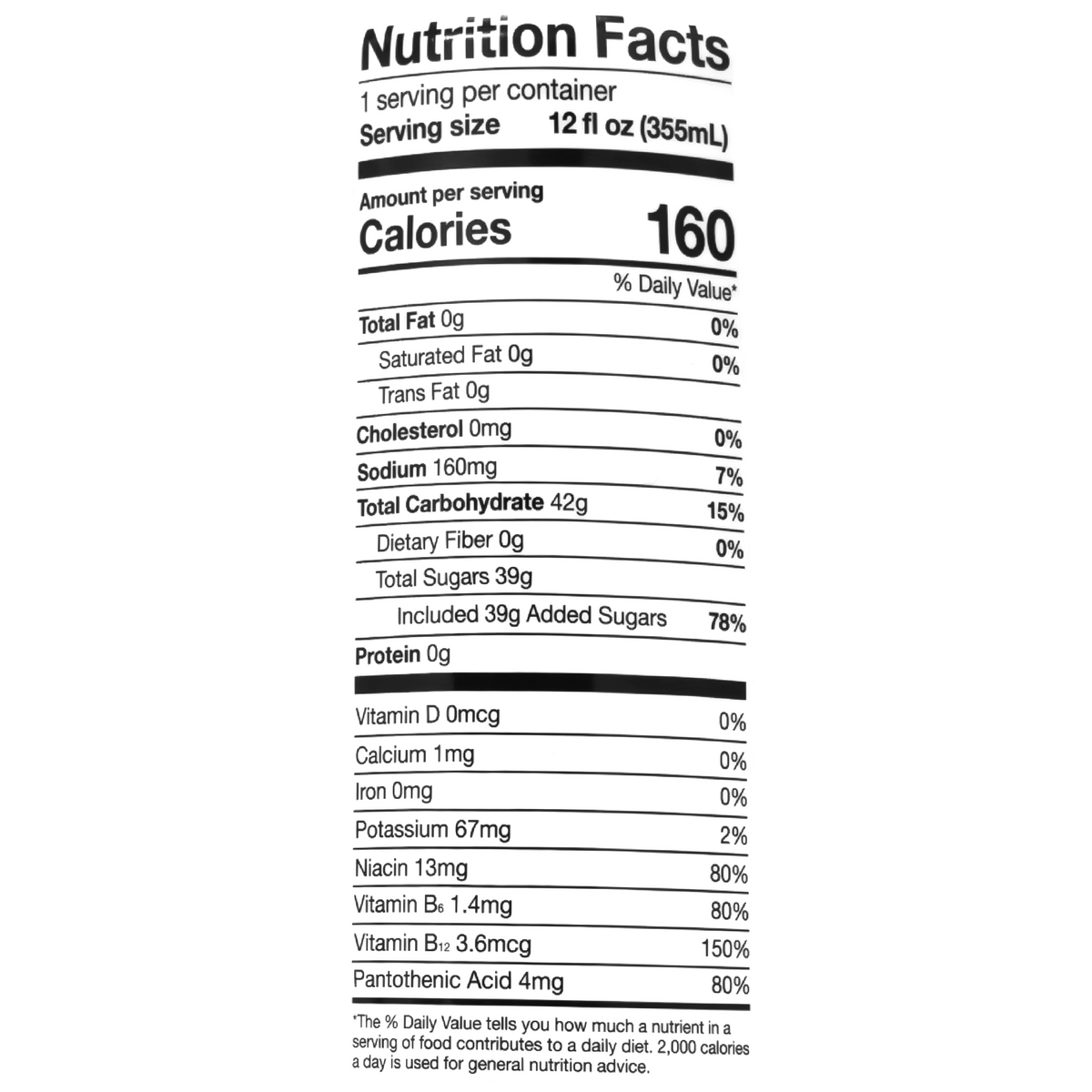 Each 355ml can contains 160 calories, 0g of total fat, 0mg of cholesterol, 160mg of sodium, 42g of total carbohydrates, 0g of dietary fiber, and 39g of total sugars, including 39g of added sugars. It also contains 0g of protein.