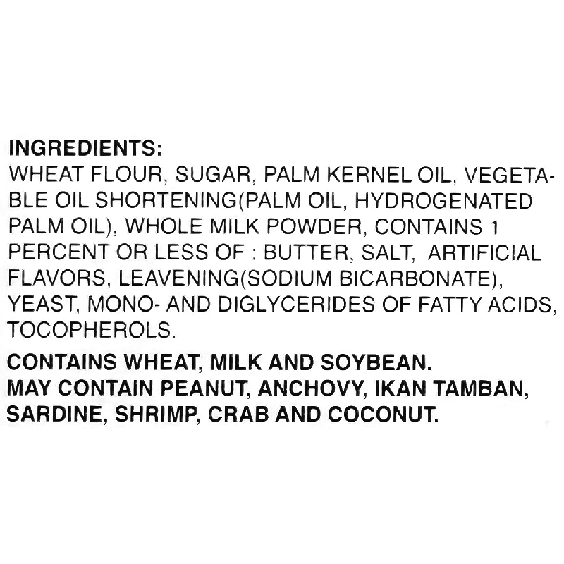 Ingredients contains milk, wheat and soybeans. May contain peanut, anchovy, ikan tamban, sardine, shrimp, crab and coconut