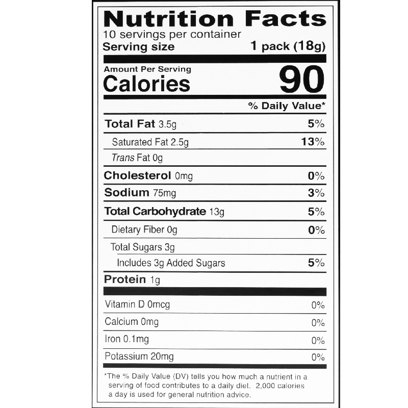 Nutrition label of the food product, listing detailed nutritional information per serving size of 1 pack. It includes 90 calories, 3.5g total fat, 2.5g saturated fat, 0g trans fat, 0mg cholesterol, 75mg sodium, 13g total carbohydrate, 0g dietary fiber, 3g total sugars includes 3g added sugars, 1g protein