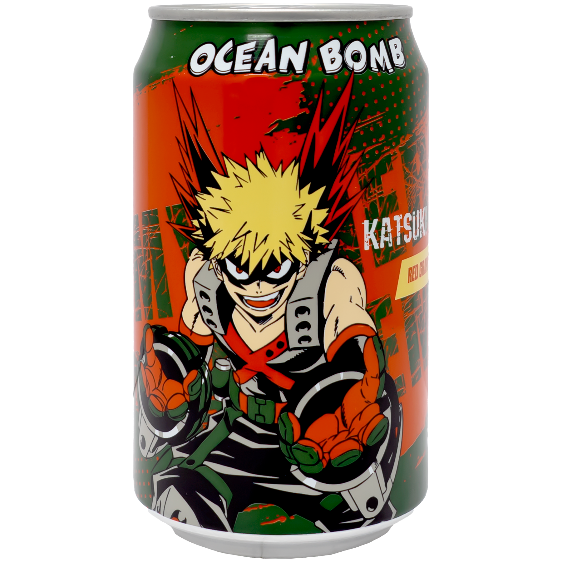 The can features a dynamic illustration of a character from My Hero Academia, with bold colors and energetic graphics. The character's fierce expression and action pose are set against a vibrant backdrop, creating an eye-catching design that fans will love.