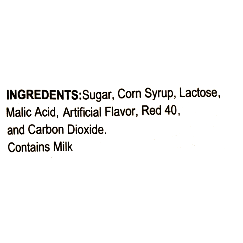 The ingredients list for this popping candy includes sugar, corn syrup, lactose, malic acid, artificial flavor, Red 40, and carbon dioxide. It contains milk.