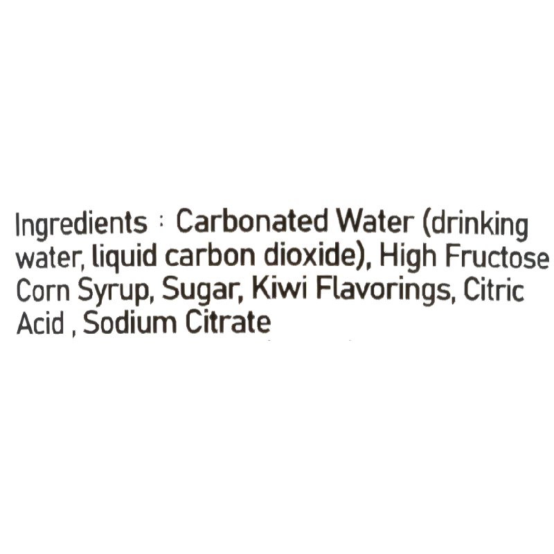 The ingredients include carbonated water (drinking water, liquid carbon dioxide), high fructose corn syrup, sugar, kiwi flavorings, citric acid, and sodium citrate.