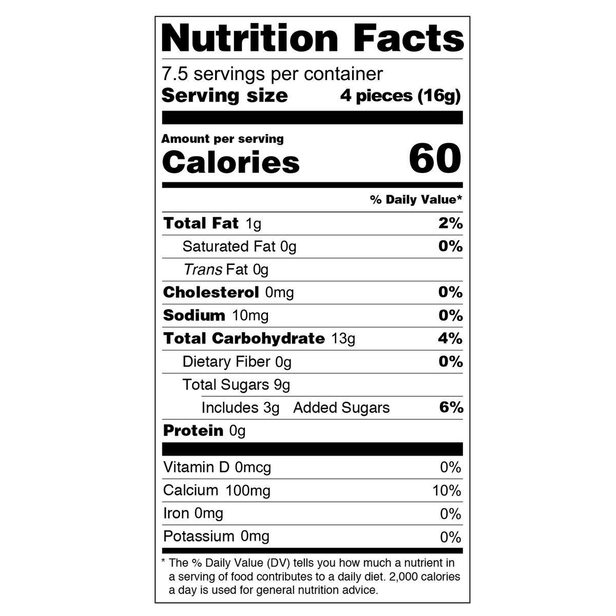 Each serving of four candies (16g) contains 60 calories, 1g of total fat, 0g of saturated fat, and 0g of trans fat. It has 0mg of cholesterol, 10mg of sodium, 13g of total carbohydrates, 9g of total sugars including 3g of added sugars, and 0g of protein. Additionally, it provides 100mg of calcium but no vitamin D, iron, or potassium.