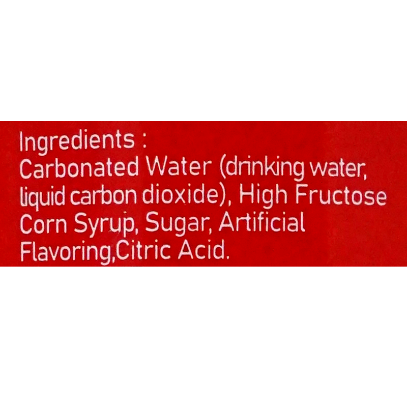 Carbonated water (drinking water, liquid carbon dioxide), high fructose corn syrup, sugar, artificial flavoring, citric acid.