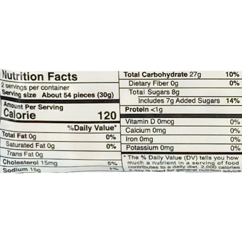 Detailed nutritional information: Each serving of about 54 pieces (30g) contains 120 calories, 0g total fat, 0g saturated fat, 0g trans fat, 15mg cholesterol, 15mg sodium, 27g total carbohydrates, 0g dietary fiber, 8g total sugars including 7g added sugars, and less than 1g protein. Additionally, it contains 0mcg vitamin D, 0mg calcium, 0mg iron, and 0mg potassium.