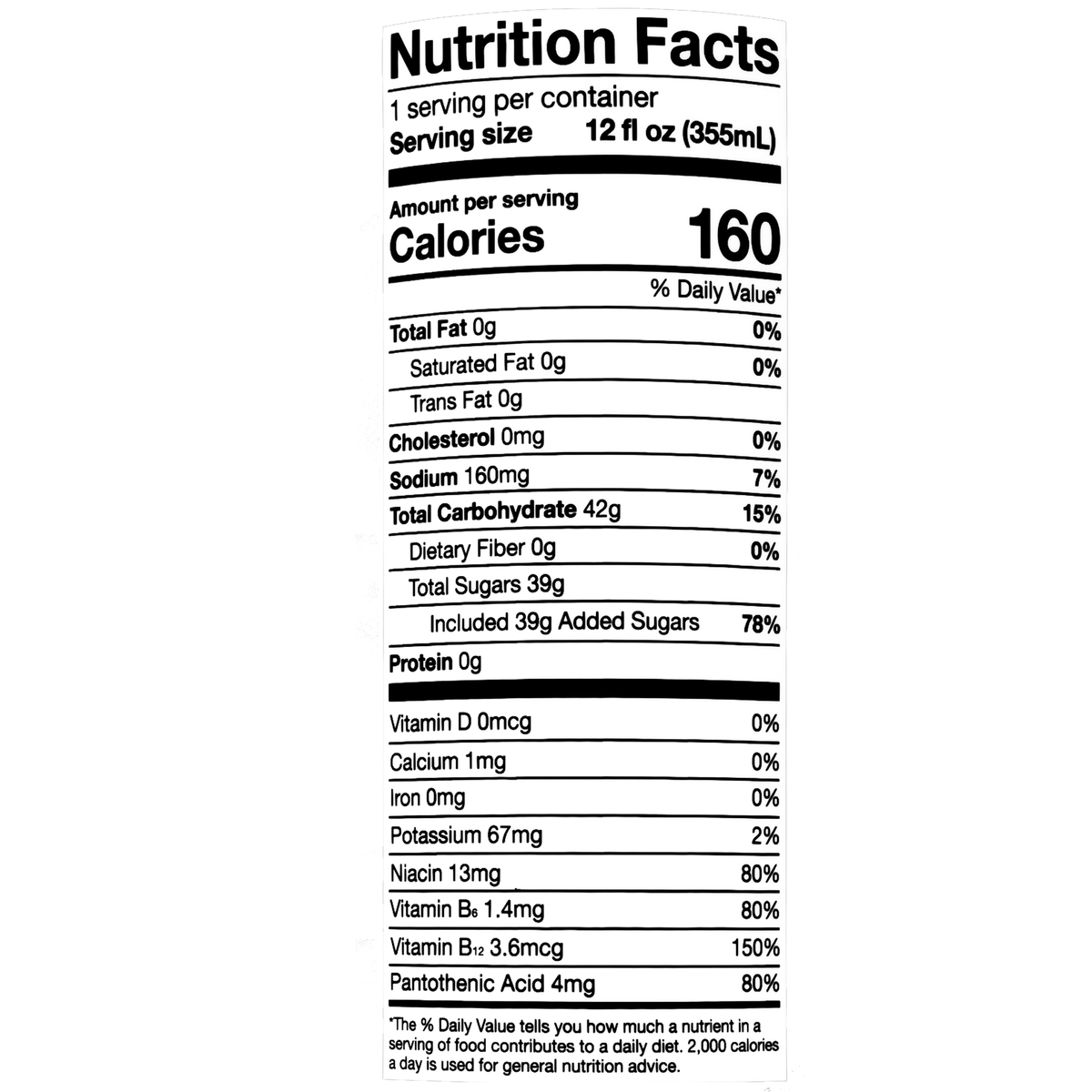 Each serving of 12 fl oz (355ml) contains 160 calories, 0g total fat, 0mg cholesterol, 160mg sodium, 42g total carbohydrates, 39g total sugars, and 0g protein.