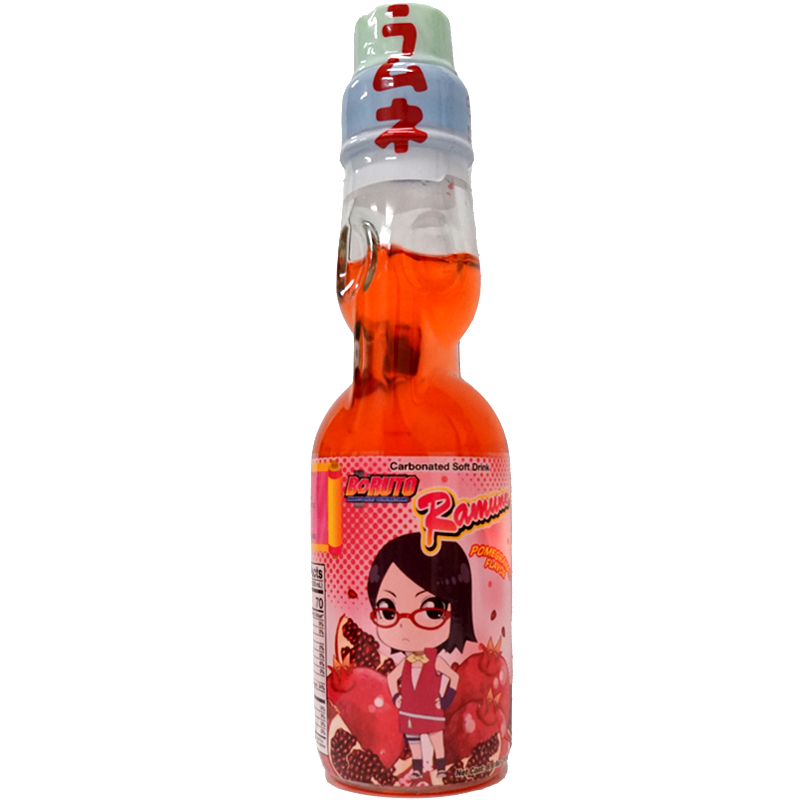 Front view of bottle. The bottle features a vibrant design with a character illustration that captures a playful and energetic vibe. The label is adorned with images of pomegranates and fun, bubbly graphics, making it visually appealing and perfect for fans of unique and flavorful drinks.