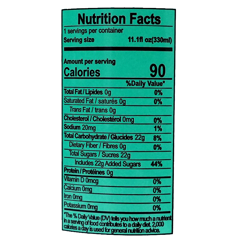 Nutrition label of the food product, listing detailed nutritional information per serving size of 1 can. It includes 90 calories, 0g total fat, 0g saturated fat, 0g trans fat, 0mg cholesterol, 20mg sodium, 22g total carbohydrate, 0g dietary fiber, 22g total sugars includes 22g added sugars, 0g protein