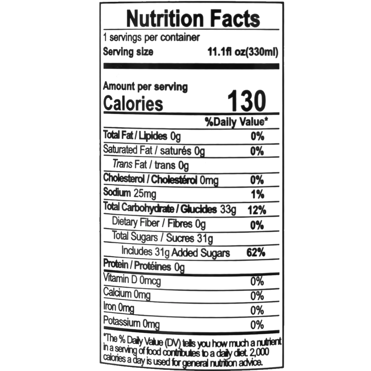 Nutrition label of the food product, listing detailed nutritional information per serving size of 1 can. It includes 130 calories, 0g total fat, 0g saturated fat, 0g trans fat, 0mg cholesterol, 25mg sodium, 33g total carbohydrate, 0g dietary fiber, 31g total sugars includes 31g added sugars, 0g protein