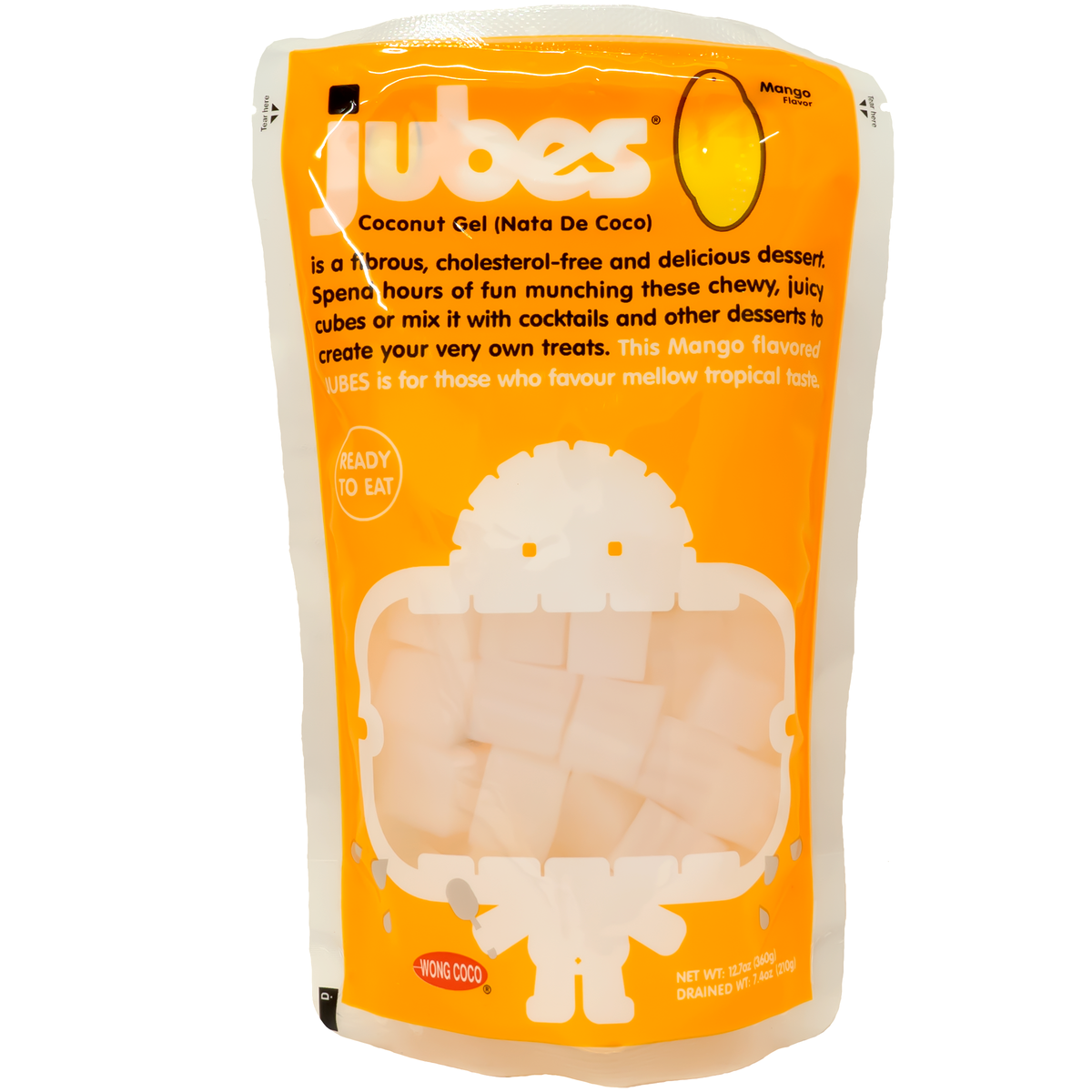 Front of package. The packaging features a vibrant orange color, instantly capturing attention. The clear window allows a peek at the juicy coconut gel cubes inside. The front highlights the product benefits, emphasizing its ready-to-eat nature, cholesterol-free content, and rich mango flavor with an image of a mango slice.